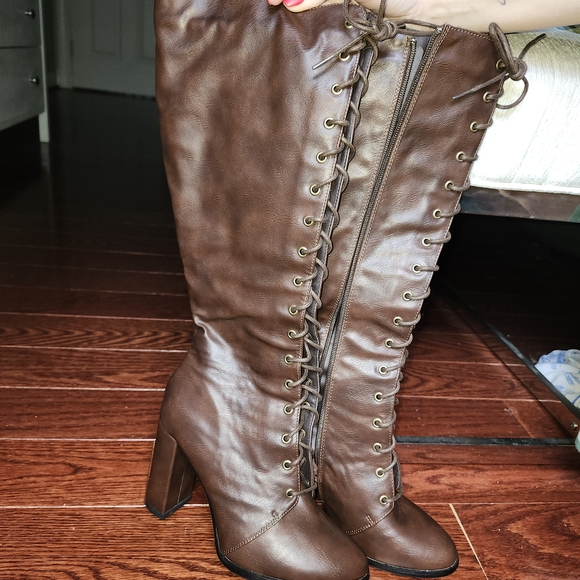 Brown Lace-Up Knee-High Boots - Picture 1 of 4